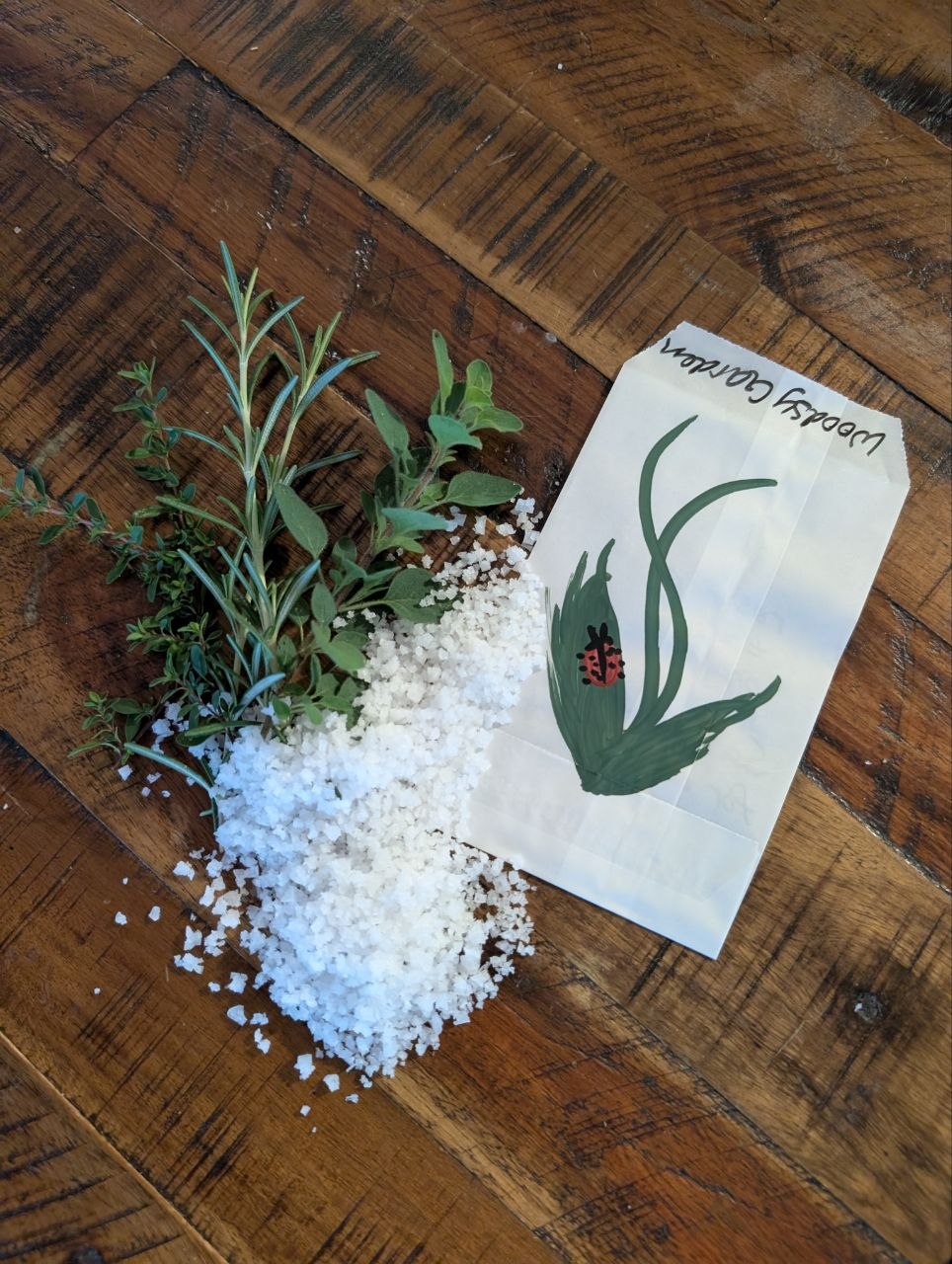 Fresh herb sprigs and coarse salt